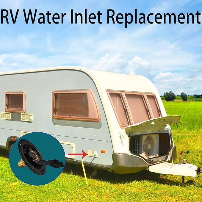 RV City Water Inlet with Check Valve, 3/4 NH Female to 1/2 NPT Male Black Flange RV Fresh Water Inlet, RV Water Inlet Replacement, RV Water Inlet with Dust Plug for RV Camper Motorhome, Black