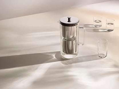 Aarke Purifier - Premium Glass and Stainless Steel Water Filter Pitcher, Refillable Filter System and Granules, 2.4L Pitcher with 1.18L Filtration Capacity
