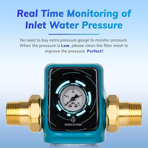 Water-Drive Cleaning Spin Down Sediment Filter with Water Pressure Gauge, 1" MNPT + 3/4" FNPT, 300 Micron Reusable Whole House Water Filter System for Well Water with Scraper, Blue