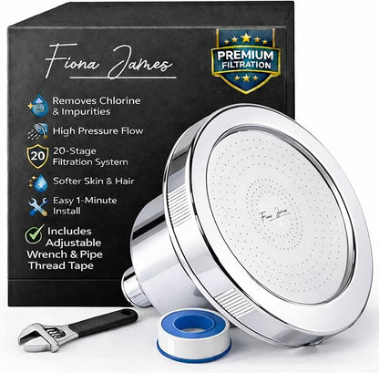 Filtered Shower Head for Hard Water – High Pressure Showerhead with 20-Stage Filter – Removes Chlorine & Heavy Metals – Improves Skin & Hair – Easy Install, Chrome
