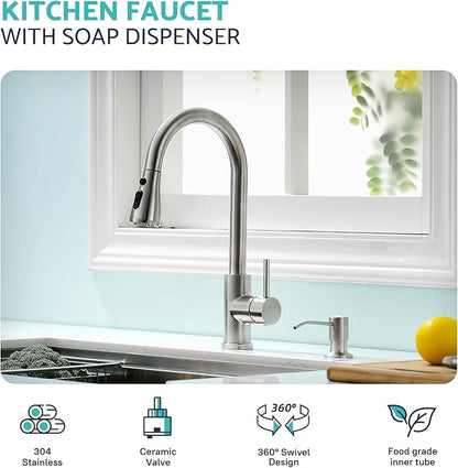 Kicimpro Kitchen Sink Faucet with Soap Dispenser, 3 Modes Kitchen Faucet with Pull Down Sprayer and Soap Dispenser, 304 Stainless Brushed Nickel Single Handle Kitchen Bar Faucets with Water Lines