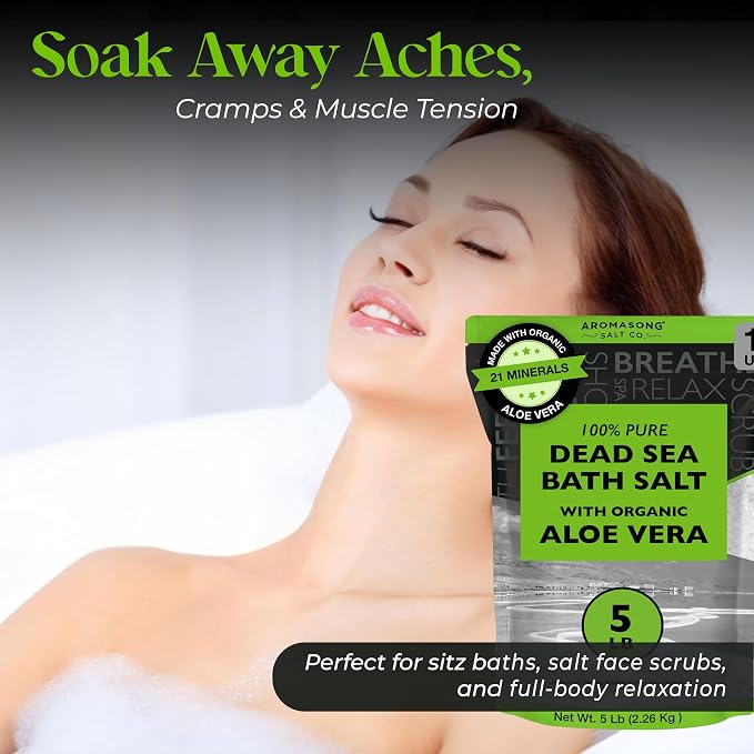 Aromasong Dead Sea Salt with Organic Aloe Vera, Spa Bath Salts, 5 Lbs Fine Bulk resealable Pack, 100% Pure & Natural, Soak for Women & Men for Tired Muscles & Skin Issues (Packaging May Vary)