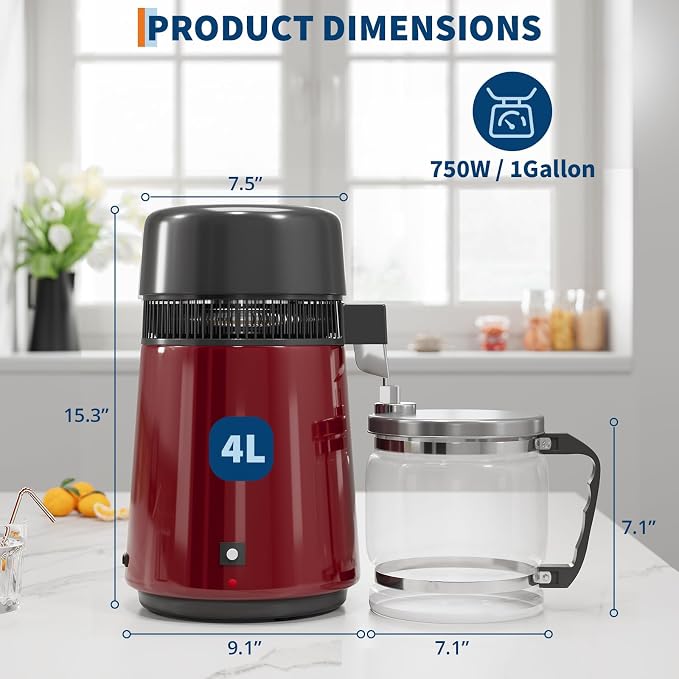 GarveeHome Water Distillers for Home Countertop, 1 gal/4 L Stainless Steel Distilled Water Machine with Glass Container, 750W Desktop Drinking Purifier Filter Distilling Kit, Red
