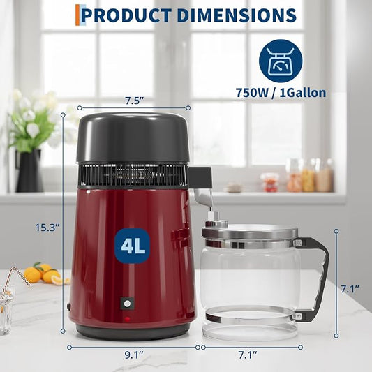 GarveeHome Water Distillers for Home Countertop, 1 gal/4 L Stainless Steel Distilled Water Machine with Glass Container, 750W Desktop Drinking Purifier Filter Distilling Kit, Red