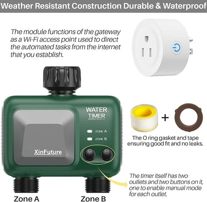 Smart Sprinkler Timer 2 Zone with Gateway, WiFi Water Timer with Rain Delay, Manual& Automatic Watering System for Garden Hose Faucet, App& Voice Control, Outdoor Hose for Yards Lawns