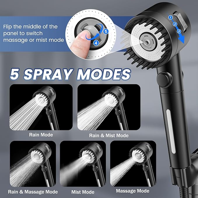 Filtered Shower Head with Handheld, High Pressure 5-Spray Ion Drops Shower Head with Filters for Hard Water, ON/OFF Switch Showerhead for Pets Bath, Shower Heads Filter - Remove Chlorine