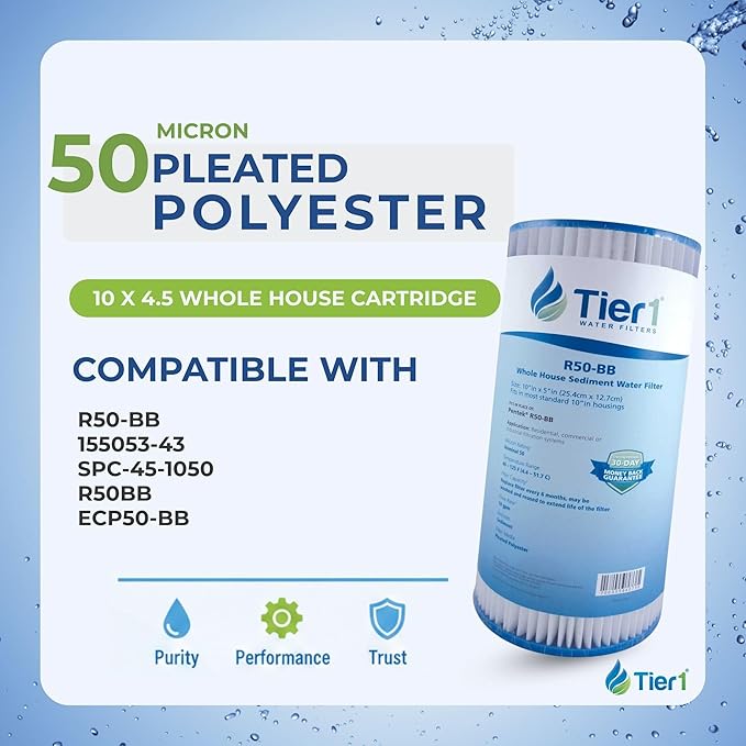 Tier1 50 Micron 10 x 4.5 Water Filter | Pleated Polyester Whole House Sediment Filter Cartridge | Replacement for Pentek R50-BB, 155053-43, SPC-45-1050 | High Flow 4.5 x 10 Water Pre-Filter (2-Pack)