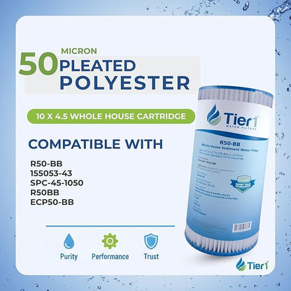 Tier1 50 Micron 10 x 4.5 Water Filter | Pleated Polyester Whole House Sediment Filter Cartridge | Replacement for Pentek R50-BB, 155053-43, SPC-45-1050 | High Flow 4.5 x 10 Water Pre-Filter