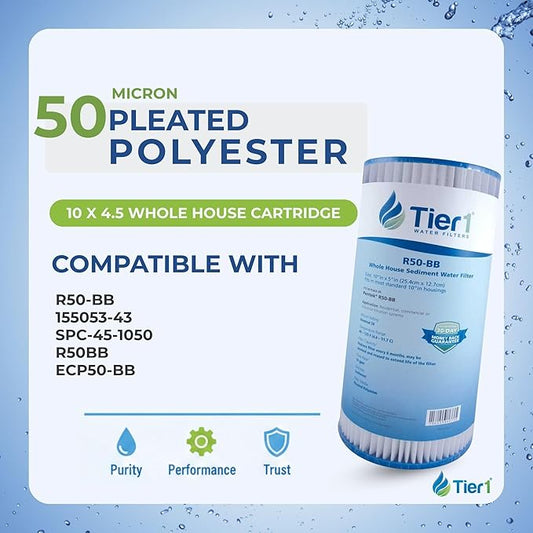 Tier1 50 Micron 10 x 4.5 Water Filter | Pleated Polyester Whole House Sediment Filter Cartridge | Replacement for Pentek R50-BB, 155053-43, SPC-45-1050 | High Flow 4.5 x 10 Water Pre-Filter