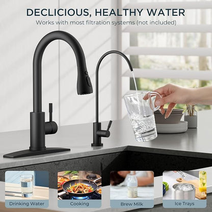 FORIOUS Kitchen Faucet and Water Filter Faucet Combo, Black Stainless Steel Bar Faucet Pull Down Sprayer and Drinking Purifier Faucet for Kitchen Sink RV Farmhouse Camper