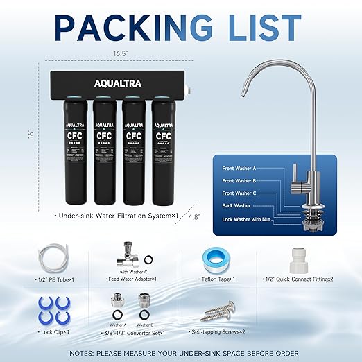 AQUALTRA USF-4F-15 Under Sink Water Filter System, Commercial 80K Gal with Faucet, Reduce PFOA, PFOS, Chlorine, Lead, Mercury, Chloramine, Fluoride, Microplastics Particles, Bad Taste & Odor