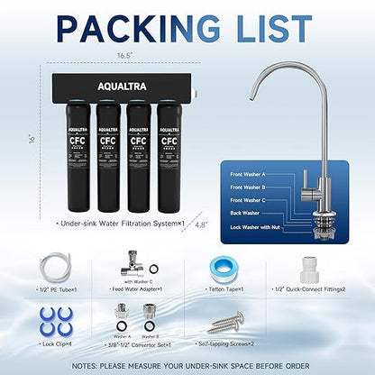 AQUALTRA USF-4F-15 Under Sink Water Filter System, Commercial 80K Gal with Faucet, Reduce PFOA, PFOS, Chlorine, Lead, Mercury, Chloramine, Fluoride, Microplastics Particles, Bad Taste & Odor