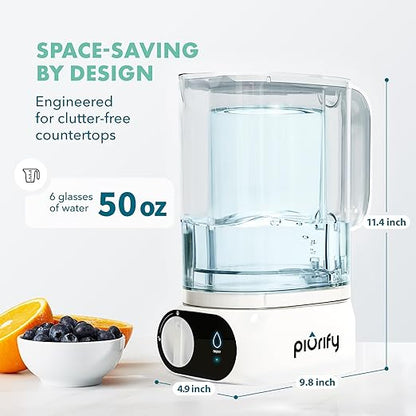 Piurify Compact 50 OZ Countertop Electric Water Filter Pitcher | Removes 99% of Lead, Microplastics, PFAS & Chlorine | Advanced Carbon Block & UltraFiltration Technology | 6 Months Filter Life