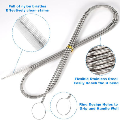 Ixiaoyoo Cleaning Brushes Set, 10 Pieces 8 Inch Nylon Tube Brush + 60 Inch Flexible Long Drain Brush, Hose Pipe Brush, Suitable for Home Kitchen, Bathroom, Fish Tank, Water Pump Accessories (White)