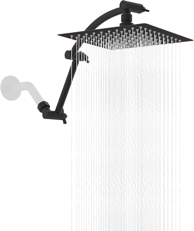 Hibbent All Metal Rain Shower Head, 8'' High Pressure Rainfall Square Showerhead with 16" Extension Arm, Solid Brass Adjustable Shower Arm Extender, Waterfall Fixed Showerheads, Oil Rubbed Bronze