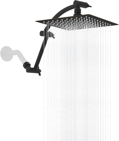 Hibbent All Metal Rain Shower Head, 8'' High Pressure Rainfall Square Showerhead with 16" Extension Arm, Solid Brass Adjustable Shower Arm Extender, Waterfall Fixed Showerheads, Oil Rubbed Bronze
