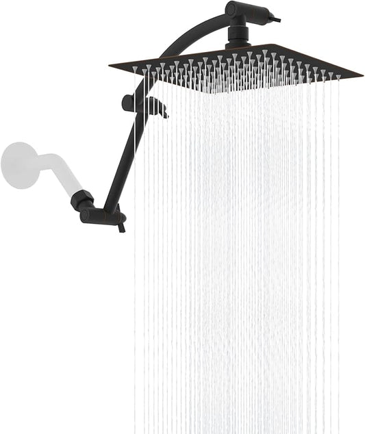 Hibbent All Metal Rain Shower Head, 8'' High Pressure Rainfall Square Showerhead with 16" Extension Arm, Solid Brass Adjustable Shower Arm Extender, Waterfall Fixed Showerheads, Oil Rubbed Bronze