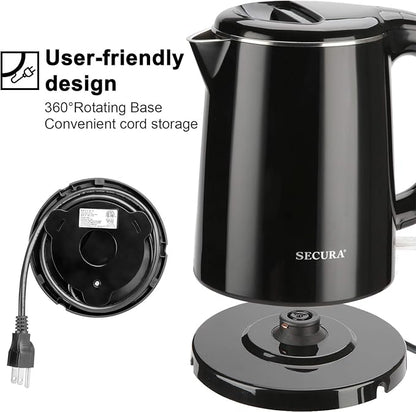 Secura Stainless Steel Double Wall Electric Kettle Water Heater for Tea Coffee w/Auto Shut-Off and Boil-Dry Protection, 1.0L (Black) SWK-1001DB/HB-K012
