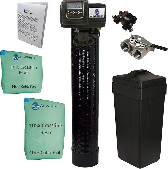AFWFilters 1.5 Cubic Foot (48k) Whole Home Water Softener with Durable 10% Crosslink Resin, 1" Stainless Steel FNPT Connection, and Black Tanks