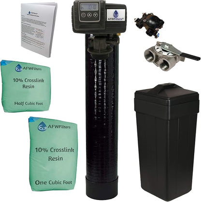 AFWFilters 1.5 Cubic Foot (48k) Whole Home Water Softener with Durable 10% Crosslink Resin, 1" Stainless Steel FNPT Connection, and Black Tanks