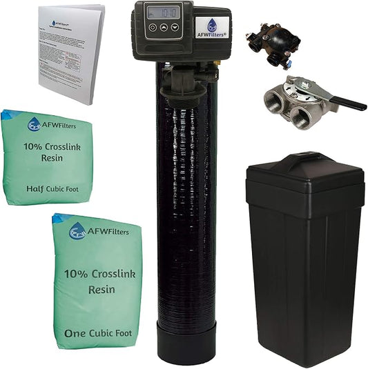 AFWFilters 1.5 Cubic Foot (48k) Whole Home Water Softener with Durable 10% Crosslink Resin, 1" Stainless Steel FNPT Connection, and Black Tanks