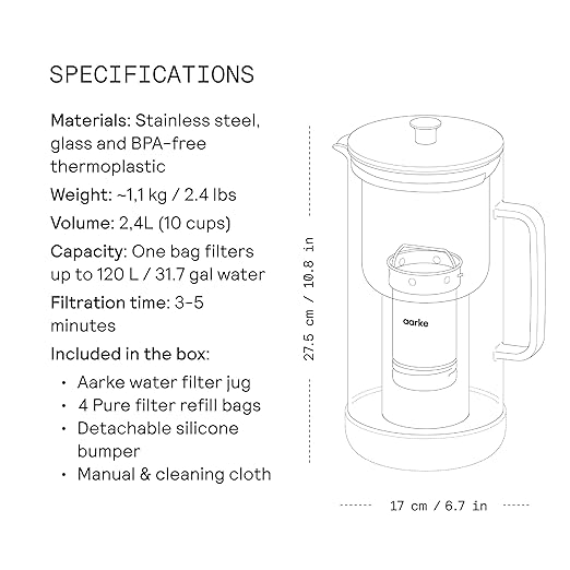 Aarke Purifier Regular Glass Pitcher Bundle w/Steel Filter, BPA-Free, 4 Pure Refill Granules - Filters Heavy Metals, 2.4L Pitcher with 1.18L Filtration Capacity