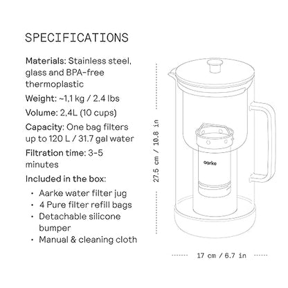 Aarke Purifier Regular Glass Pitcher Bundle w/Steel Filter, BPA-Free, 4 Pure Refill Granules - Filters Heavy Metals, 2.4L Pitcher with 1.18L Filtration Capacity