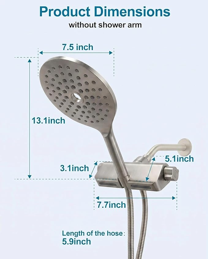 Handheld Shower Head with Filter High Pressure 2-in-1 Dual Spa System 7.5" Rainfall Filtered Showerhead Water Softener Filters for Hard Water 59" Stainless Steel Hose Brushed Nickel