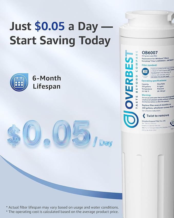 Overbest UKF8001 Replacement for EveryDrop by Whirlpool Refrigerator Water Filter 4, EDR4RXD1, Pack of 2