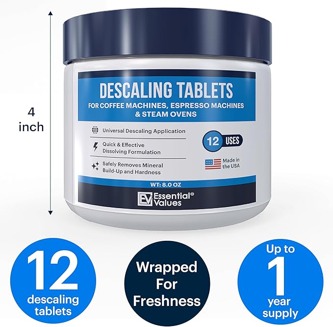 Essential Values Descaling Tablets, Descaler for Keurig Coffee Machines, Coffee Maker Cleaner for Breville, Delonghi, Jura, Miele, Bosch, Tassimo Espresso Machines and Miele Steam Ovens (Pack of 12)