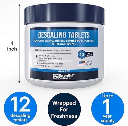 Essential Values Descaling Tablets, Descaler for Keurig Coffee Machines, Coffee Maker Cleaner for Breville, Delonghi, Jura, Miele, Bosch, Tassimo Espresso Machines and Miele Steam Ovens (Pack of 12)