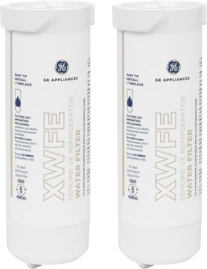 GE XWFE™ Refrigerator Water Filter, Genuine Replacement Filter, Certified to Reduce Lead, Microplastics, PFOA/PFOS, and 50+ Other Impurities, Compatible with GE Appliances Brands, Pack of 2