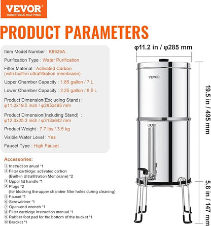 VEVOR Gravity-fed Water Filter System, 2.25G 304 Stainless-Steel Countertop System, Water Filtration System, Reduces Lead and up to 99% of Chlorine, with 2 Carbon Filters, Water Level Spigot, Stand
