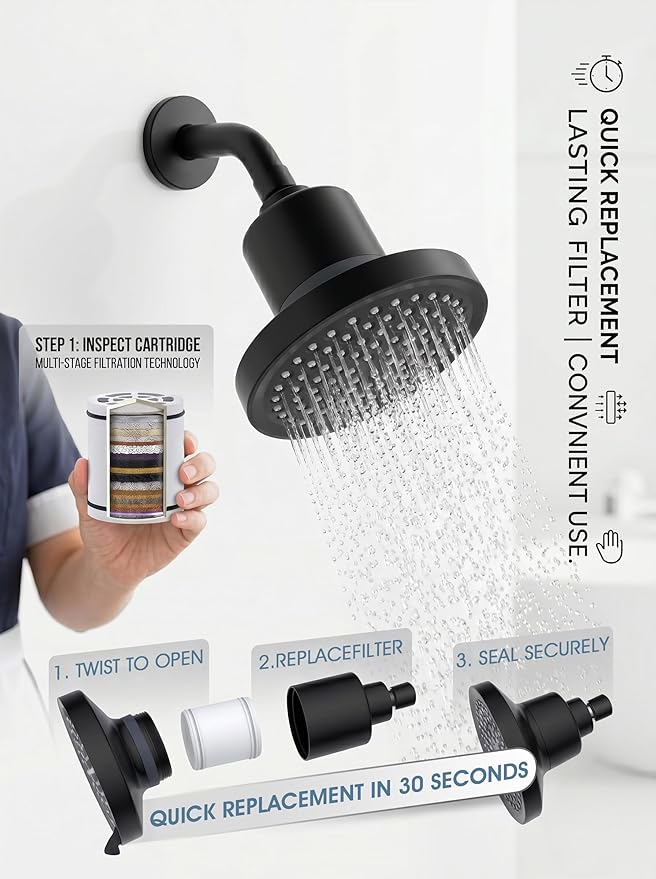 Black Fixed Shower Head and 25 Stage Shower Filter Combo, High Pressure 7 Spray Settings Filtered Showerhead with Water Softener Filter Cartridge for Hard Water