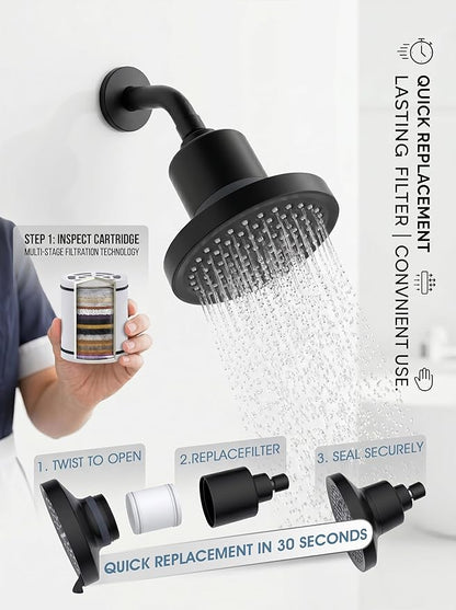 Black Fixed Shower Head and 25 Stage Shower Filter Combo, High Pressure 7 Spray Settings Filtered Showerhead with Water Softener Filter Cartridge for Hard Water