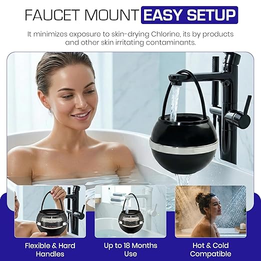 Crystal Quest Bath Ball Filter for Tub Faucet, Bathtub Water Filter, BPA-Free Bathtub Filter, Removes Chlorine, Lead & Impurities, Improves Skin, Hair & Nails, Long Lasting, Fits Most Tubs - Black