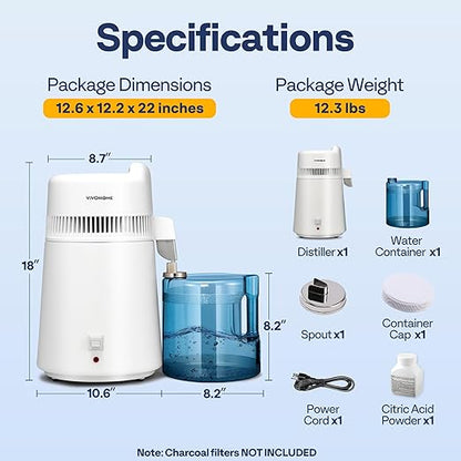 VIVOHOME Water Distiller Countertop 1.6 Gallon/6L 900W Distilled Water Machine with Smart Switch Purifier Filter for Home Office, White