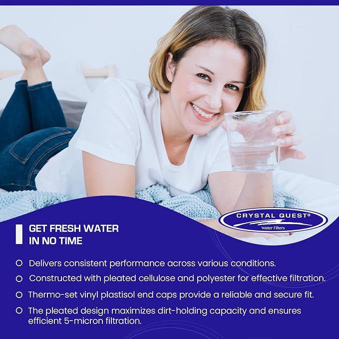 Crystal Quest Pleated Cellulose Sediment Cartridge - 4-5/8" x 20" - 5 Micron Filtration - Durable & Long-Lasting - High Dirt-Holding Capacity - Fits Residential & Commercial Systems