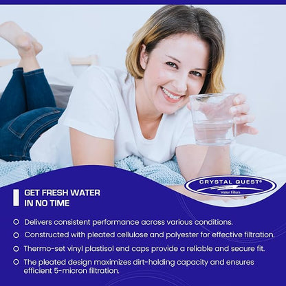 Crystal Quest Pleated Cellulose Sediment Cartridge - 2-7/8” x 20” - 5 Micron Filtration - Durable & Long-Lasting - High Dirt-Holding Capacity - Fits Residential & Commercial Systems