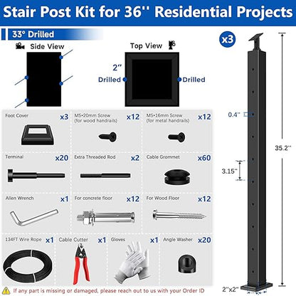 36" Modular 8-12FT Black T304 Stair Cable Railing Post Kit, Cable Railing System with 3 Stair Posts, 134ft 1/8" Wire Rope(No Handrail), Adjustable Length Easy DIY for 28-38° Stairway