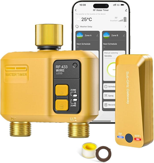WiFi Water Timer 2 Zone for Garden Hose, Smart Sprinkler Timer with 984ft RF Range, Brass Inlet and Outlet, APP/Voice Control, Rain Delay, Automatic/Manual Irrigation