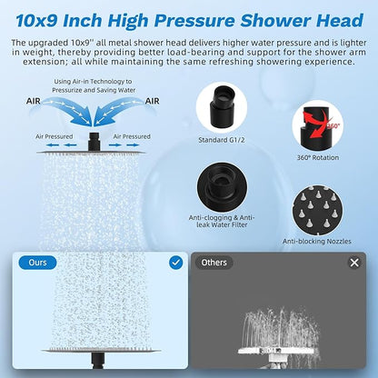 Hibbent Dual Filter All Metal 10"Rainfall Showerhead Combo, High Pressure Filter Shower Head with 10-Spray Mode Handheld, Innovative 4-way Diverter with Pause Mode, 71'' Shower Hose and Holder, Black