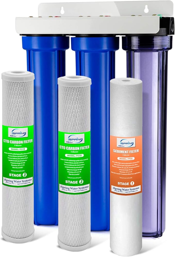iSpring Whole House Water Filter System, Reduces Chlorine, Sediment, Taste, Odor, 3-Stage Whole House Water Filtration System w/ 20"x2.5" Water Filters and Clear 1st-Stage Housing, Model: WCB32C | Replacement Sediment Two Carbon Block Cartridges Fits W...