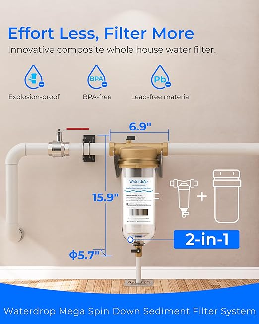Waterdrop Mega Spin Down Sediment Filter, Reusable Whole House Water Filter System for City Water, Backwash Sediment Water Filter System, 100 Micron+5 Micron PP Filter, 1" MNPT + 3/4" FNPT, BPA Free