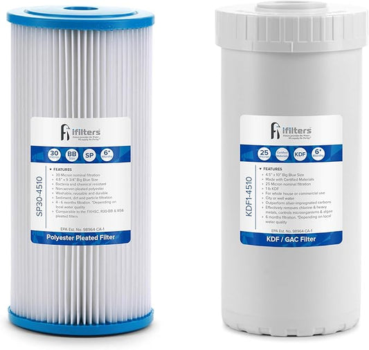 iFilters Whole House Sediment & GAC/KDF Replacement Water Filter Cartridge Set | 100% Compatible with 4.5”x10” Dual systems like MWH-D-WELL & SP30-KDF1-4510