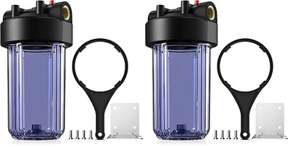 SimPure Whole House Water Big Filter Housing (DB10C), 10" x 4.5", Blue for Whole Home Water Filtration, Sediment Water Filter System for Well, 1" NPT Brass Port (Clear Housing) (Pack of 2)