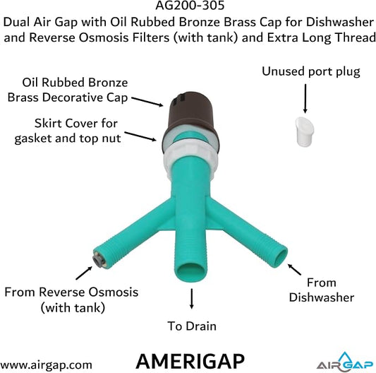 Dual Air Gap with Oil Rubbed Bronze Brass Cap for Dishwasher and Reverse Osmosis Filters (with tank) and Extra Long Thread (AG200-305, AG200-X05, AMERIGAP)