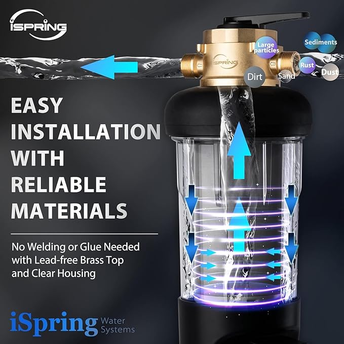 iSpring WSP500ARJ-BP Whole House Water Filter System Prefilter, Auto Flushing Spin Down Sediment Filter for Well Water, Integrated Bypass, 4-Mode Touch-Screen, Reusable, Jumbo Size, 500 Micron