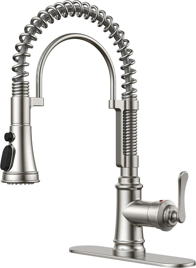 FORIOUS Kitchen Faucet with Pull Down Sprayer, Stainless Steel Single Handle Spring Antique Kitchen Sink Faucet with Deck Plate, Sutiable for Farmhouse, RV, Camper, Wet Bar, Brushed Nickel