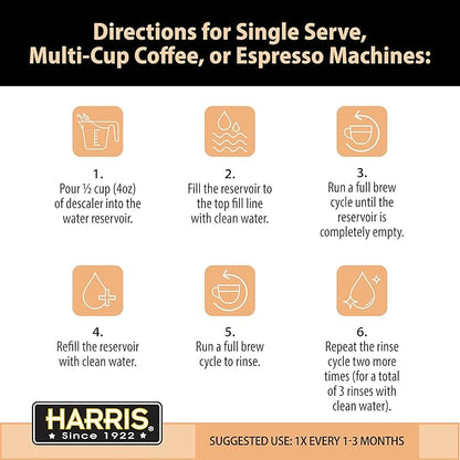 HARRIS Coffee Machine Descaler Descaling Solution, 32 fl oz (2 Pack, 8 Uses Each), Compatible with Keurig, Nespresso, Breville, DeLonghi, Jura & Ninja Coffee and Espresso Makers